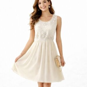 VINTAGE Y2K Mini Dress Chiffon Crochet Lace Pearl Fairy Balletcore Ivory Size L